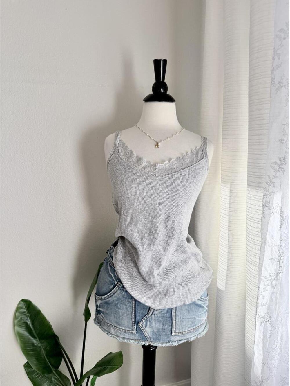 Y2K Faded Glory Grey Lace Trim Cami